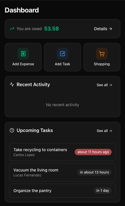 Dashboard with balance overview and quick actions