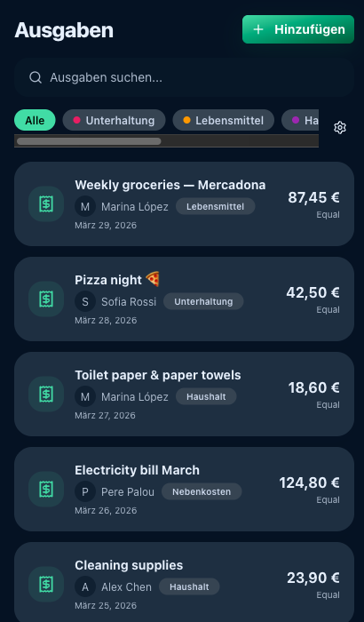Gemeinsame Ausgabenverfolgung in HouseKeepr mit Kategorien und Aufteilung