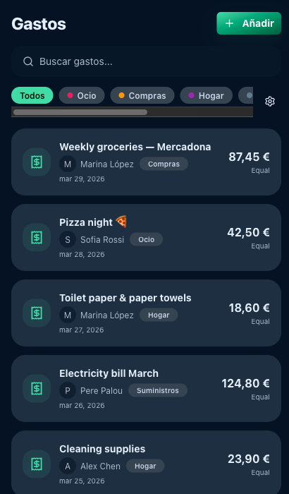 Seguimiento de gastos compartidos en HouseKeepr — vista de gastos del piso
