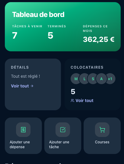 Tableau de bord HouseKeepr avec résumé des dépenses et activité de la coloc