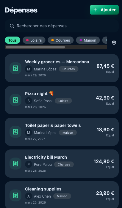 Suivi des dépenses partagées dans HouseKeepr avec catégories et répartitions