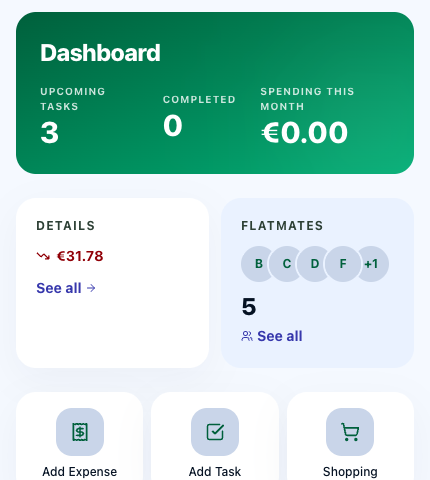Dashboard with balance overview and quick actions
